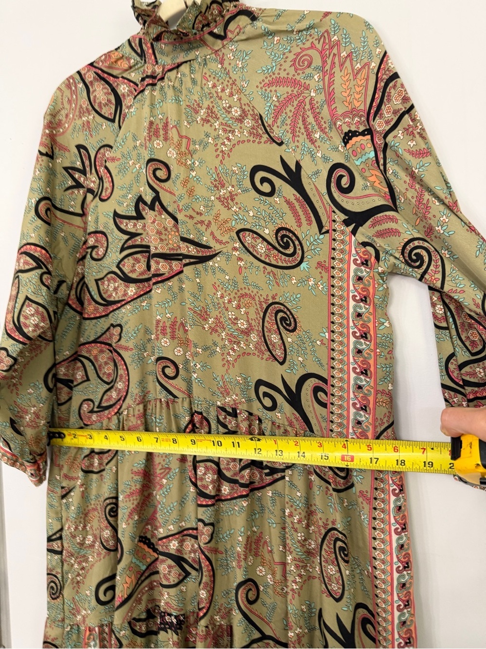 Camille & Co. Women’s Small (but loose!) Olive green paisley ruffle collar maxi - Picture 6 of 7